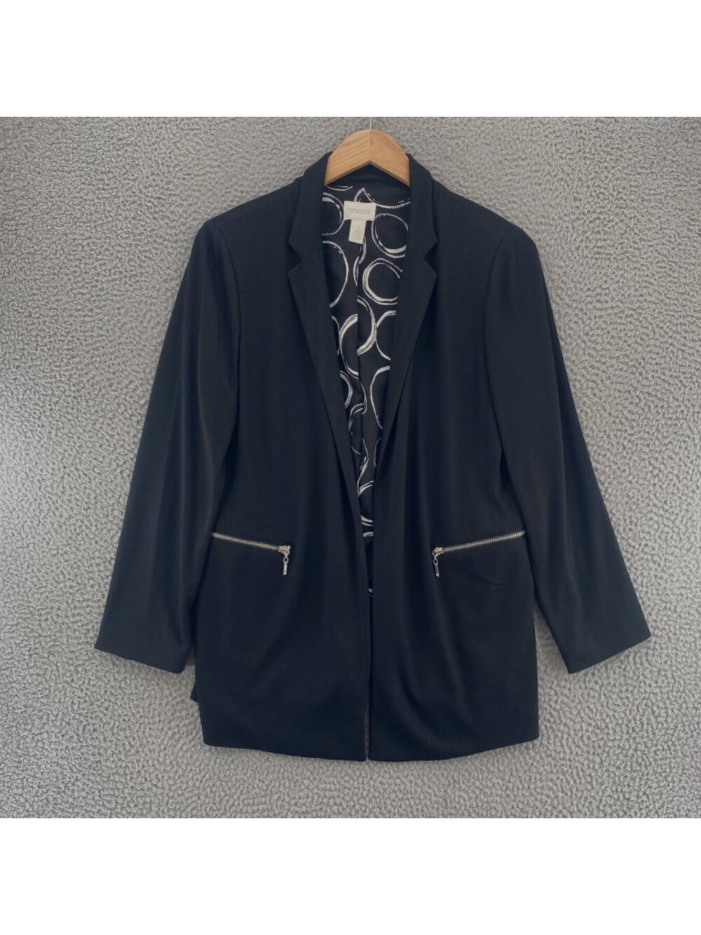 Chicos Blazer Womens 1 US Medium Black Coatigan Jacket Zipped Pockets Stretch